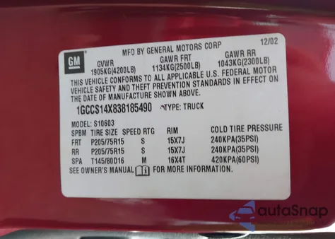 2003 Chevrolet S-10 from USA, damaged, VIN 1GCCS14X838185490